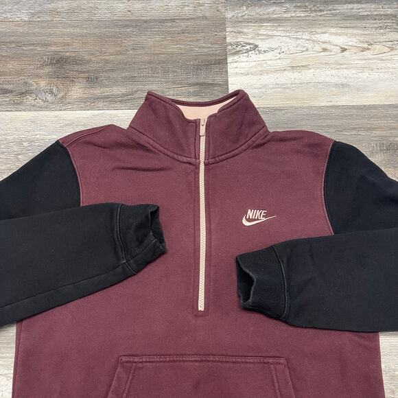 Nike NSW Club Burgundy Black Mens M 1/2 Zip Swoosh Fleece‎ Performance Pullover - Picture 1 of 9